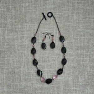 Handmade Black & Pink Beaded Necklace & Earring Set with Toggle Clasp